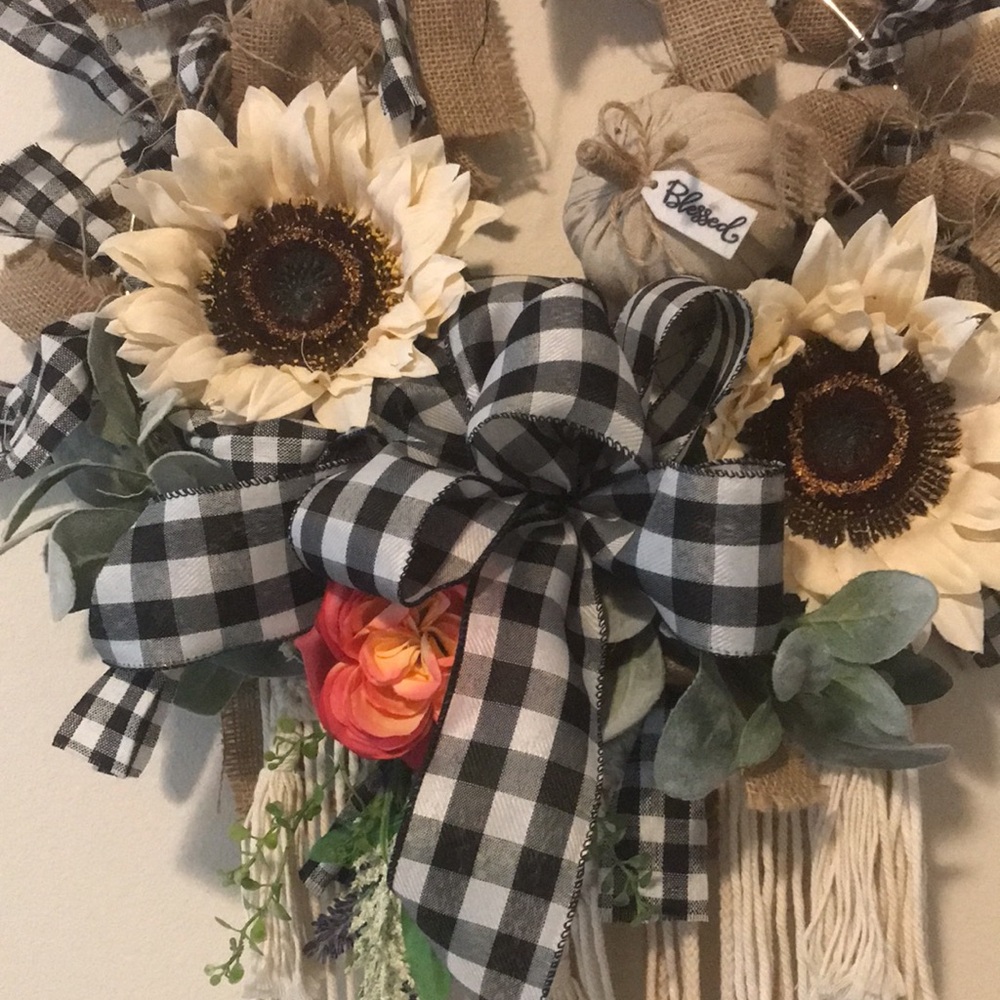 Primitive  Blessed Farmhouse Sunflower Wreath Beautiful Plaid Ribbons Final Sale